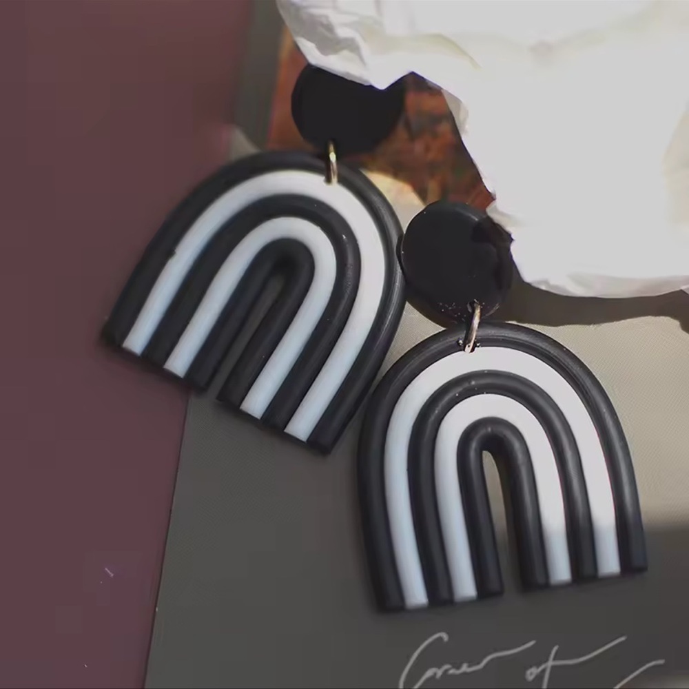 Monochrome Rainbow Arch Dangle Studs - Handmade Earrings